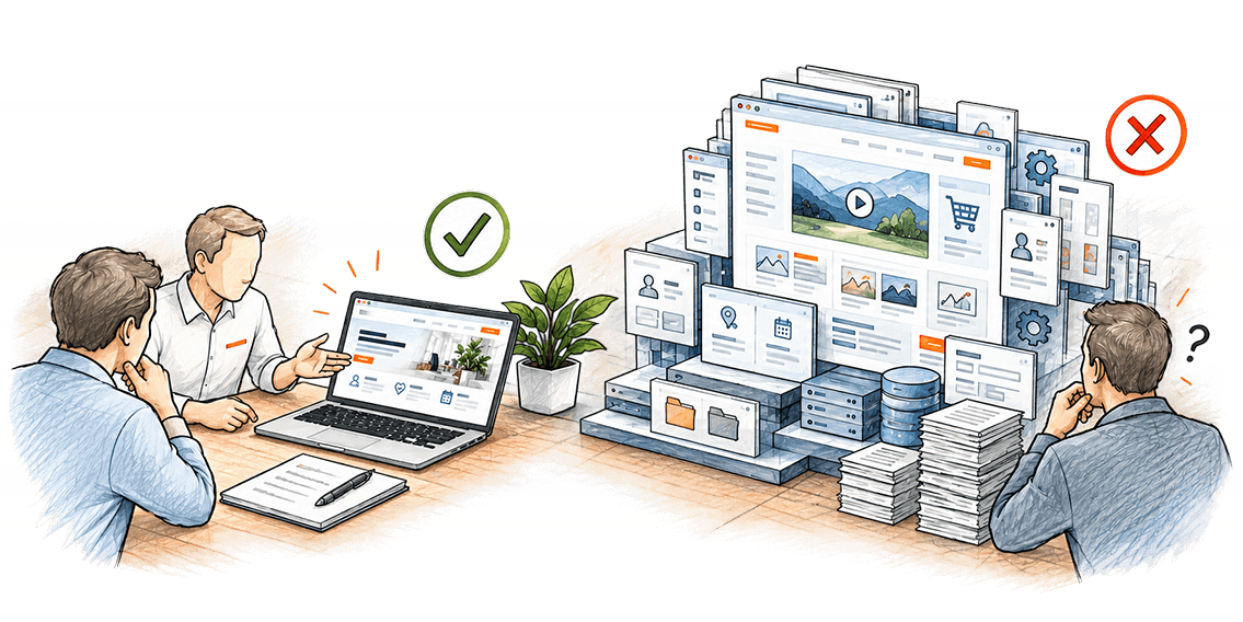 Illustration: Beratung vergleicht eine passende, schlanke Website mit einer unnötig komplexen Lösung voller zusätzlicher Funktionen und Abhängigkeiten.
