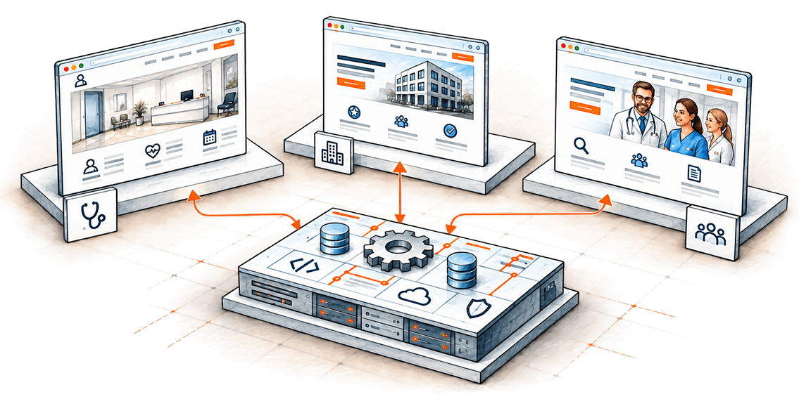 Illustration: Drei unterschiedliche Webseiten sind mit einer gemeinsamen technischen Basis verbunden, über die Funktionen, Updates und Verbesserungen zentral bereitgestellt werden.
