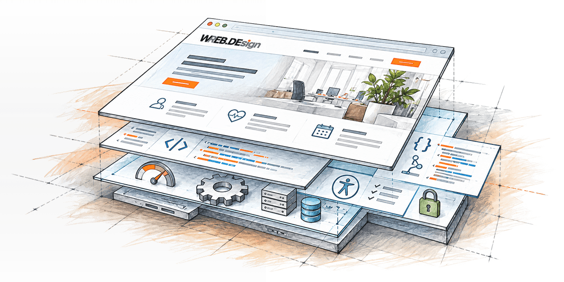 Illustration: Eine professionelle Website besteht aus sichtbarer Gestaltung und einer technischen Basis mit Entwicklung, Performance, Sicherheit, Barrierefreiheit und strukturierten Daten.