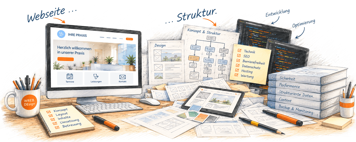 Illustration: Eine professionelle Webseite besteht neben dem sichtbaren Design aus Konzeption, Struktur, Entwicklung, SEO, Barrierefreiheit, Datenschutz, Hosting und Wartung.