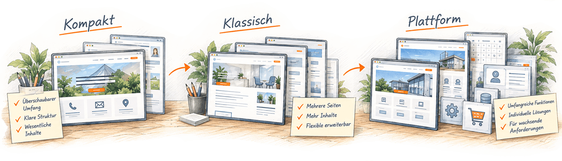 Kompakt, Klassisch und Plattform: drei Projektgrößen vom überschaubaren Webauftritt über die mehrseitige Unternehmenswebsite bis zur individuellen Plattform mit erweiterten Funktionen.